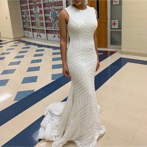 JOVANI White Sequin Open Back High Neck Prom Dress